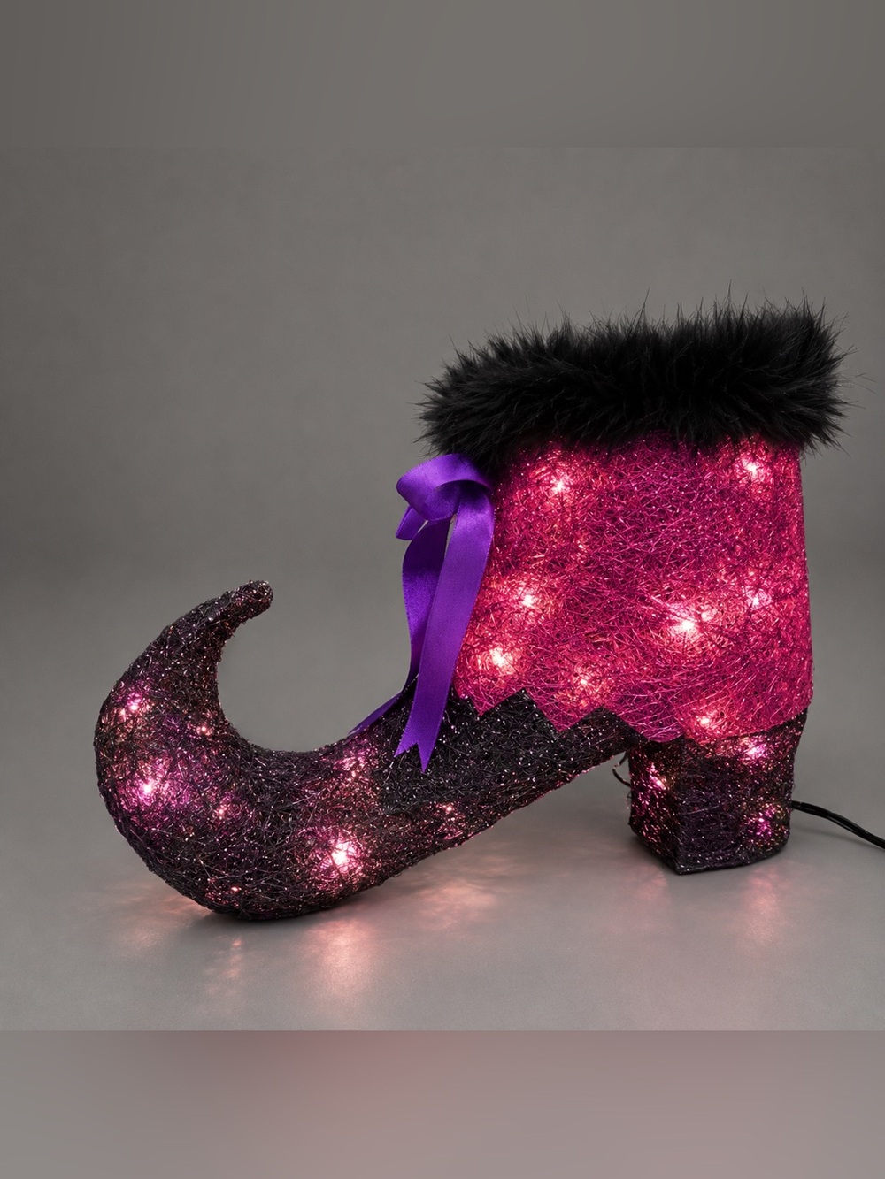Lighted Halloween Witch Boot Decoration Purple Black Feathers 13” x 9”
